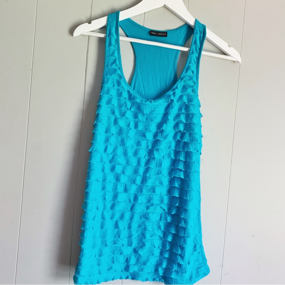FREE KISSES Teal Sheer Ruffle Appliqué Layered Front Tank Top Large
